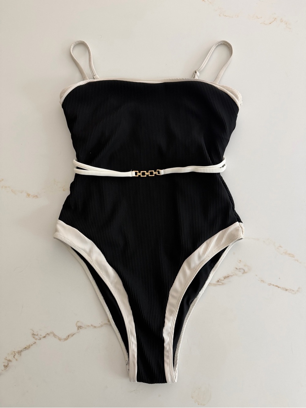 Classic Black One-Piece Swimsuit with Contrast white Trim